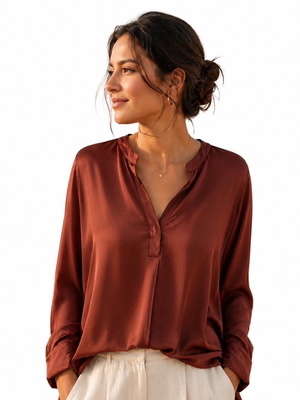 Mango Silky Henley Popover Blouse – Rust Brown